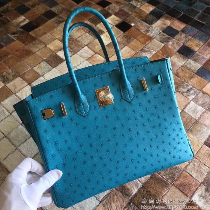 HERMES愛馬仕 鉑金包 Birkin 南非原產KK級鴕鳥皮 頂級工藝 依滋密爾藍 手縫蠟線 手提包  Ama1230